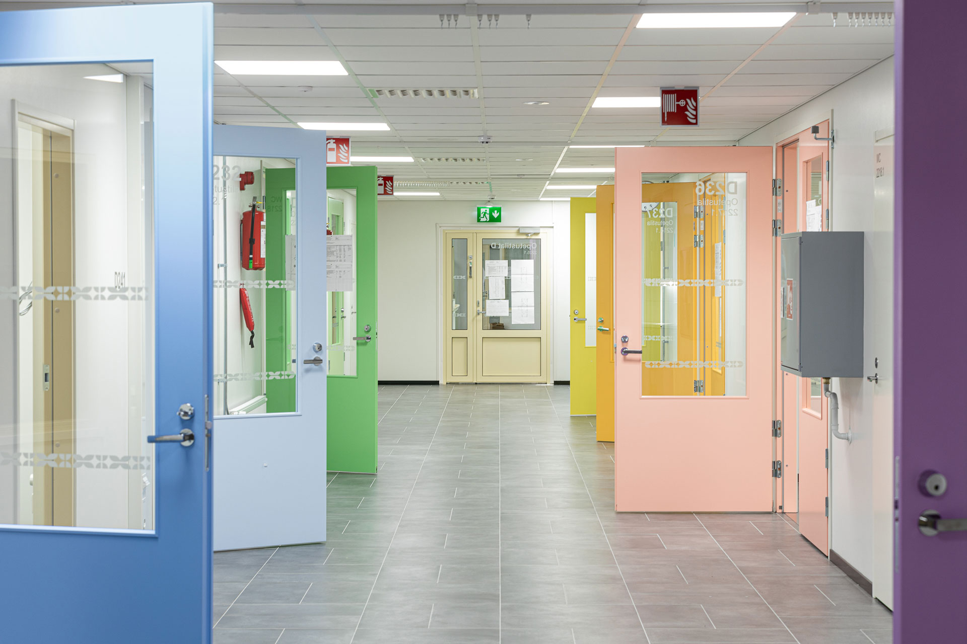 Vihannin koulukeskuksen värikkäitä ovia