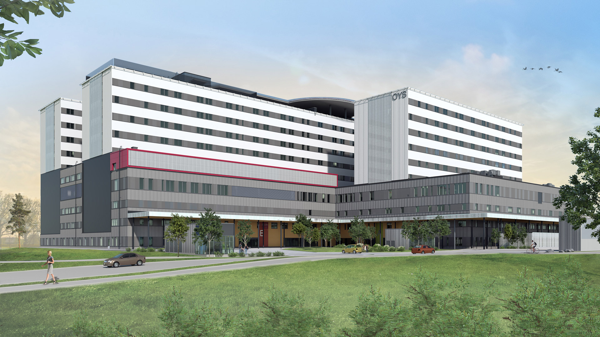 Havainnekuva OYS tulevaisuuden sairaalan ensimmäisen vaiheen suunnitelmista. Kuvassa ensimmäinen vaihe kuvattuna pihan puolelta