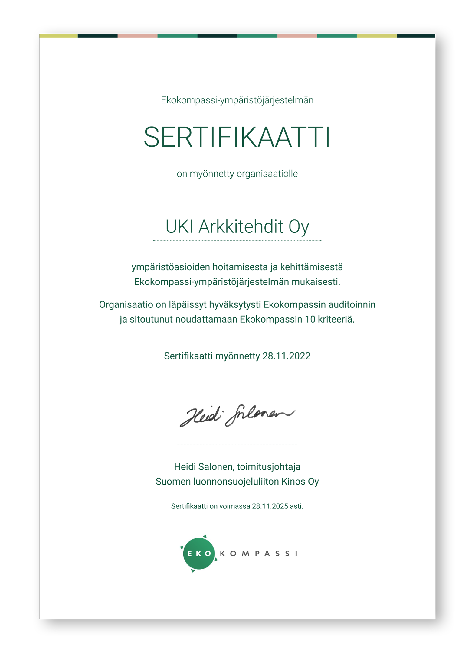 UKI Arkkitehtien Ekokompassi sertifikaatti